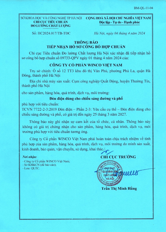 Thông báo tiếp nhận hồ sơ công bố hợp chuẩn